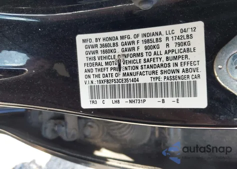 2012 Honda Civic Lx from USA, damaged, VIN 19XFB2F53CE351404